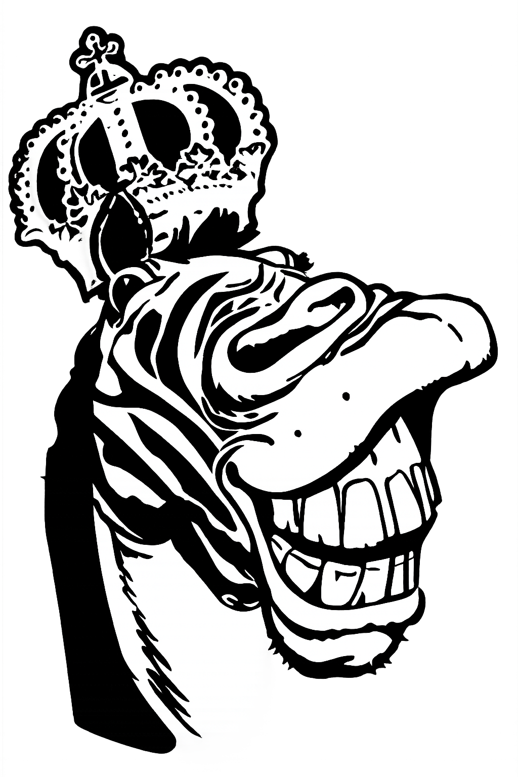Schwarz-weiß Illustration eines Zebraskopfes mit einer Krone auf dem Kopf.