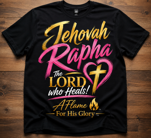 Black T-shirt with gold and pink Christian-themed text and graphics, reading 'Jehovah Rapha, The Lord who Heals! A Flame For His Glory,' featuring a gold cross and flame illustration.