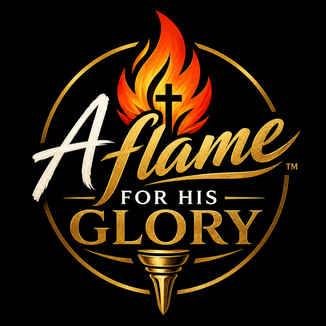 Logo with a flame above a cross and the text 'A Flame for His Glory' in gold and white, on a black background.