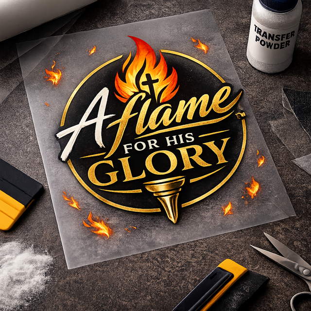 Decorative sign with the words "A flame for His glory" surrounded by flames and a torch graphic, placed on a work surface with tools and transfer powder nearby.