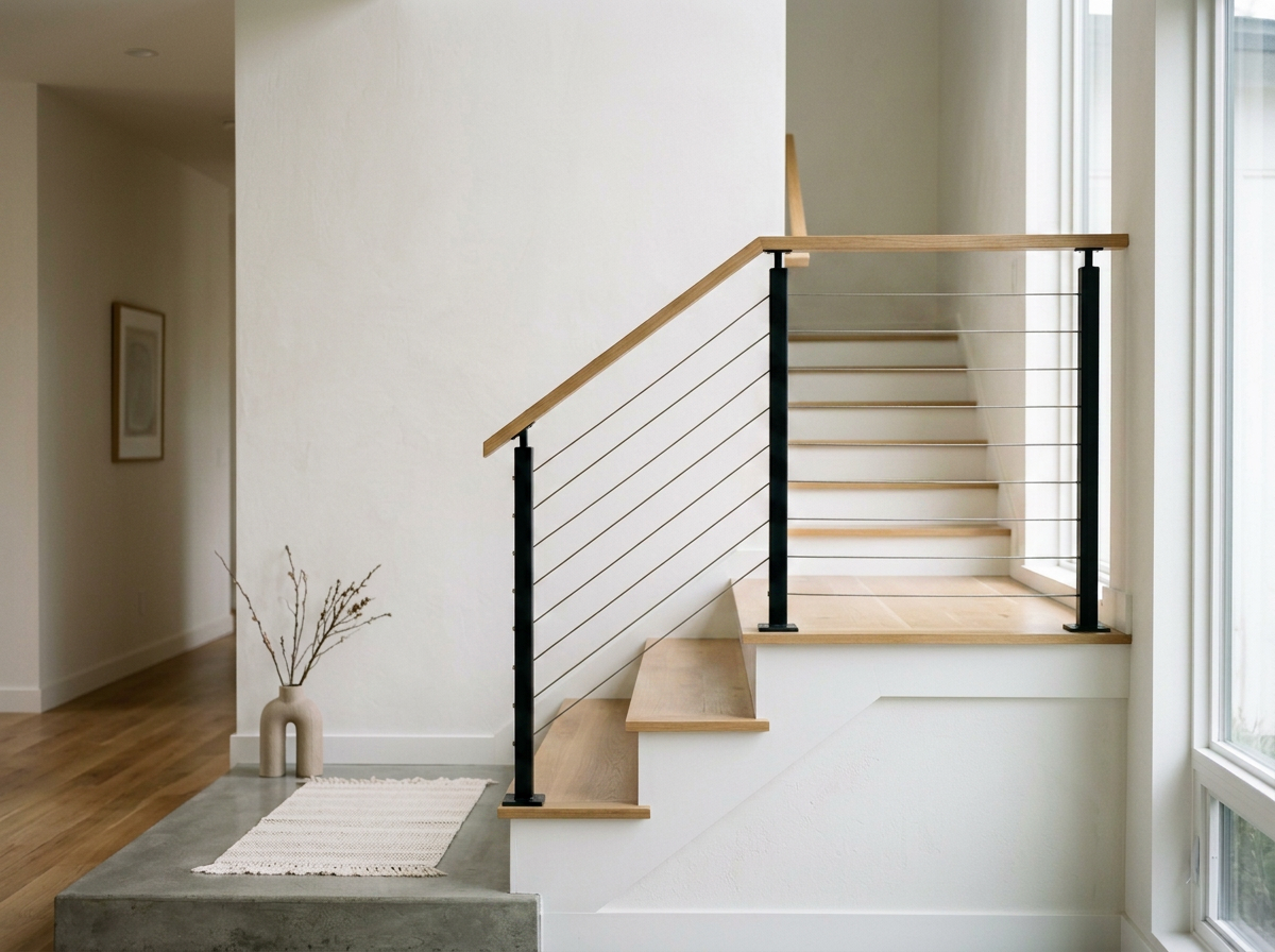 Empty staircase with wooden steps and black metal railing in modern home