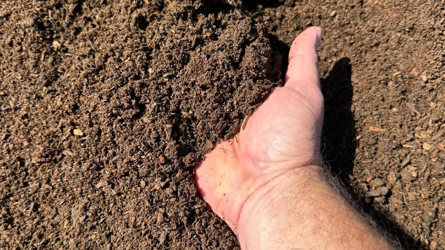 A person's hand with a few small dirt spots holding a clump of dark soil.