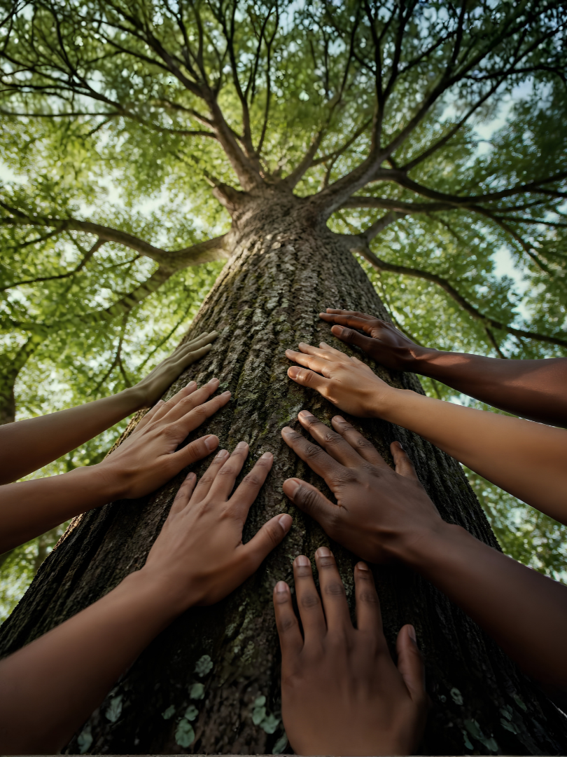 Multiple hands of different skin tones resting on the trunk of a tall tree, viewed from below, with green leaves and branches against a partly cloudy sky.