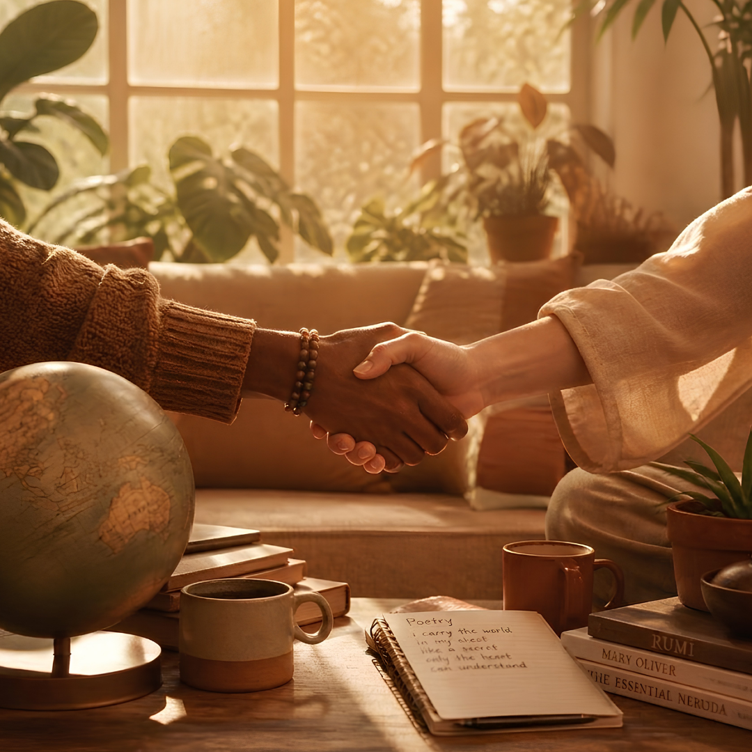 Two people shaking hands in a warmly lit room with potted plants and a window in the background. A globe, books, notebooks, and mugs are on a table in the foreground.