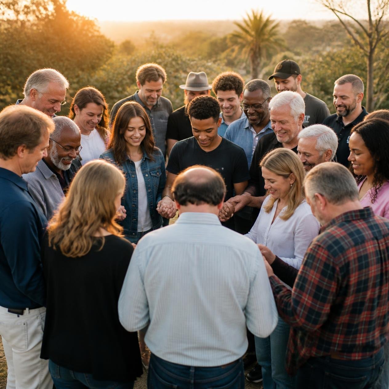 A diverse group of people standing outdoors in a circle, holding hands and smiling during sunset.