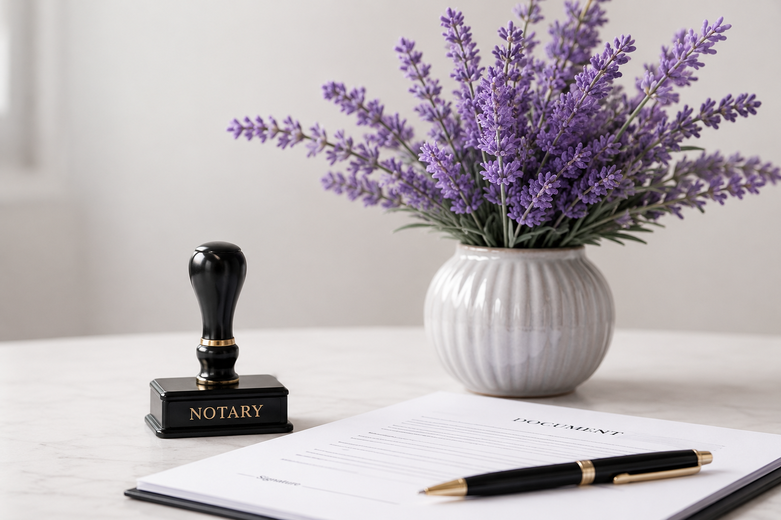 Notary stamp and documents with pen and notary supplies
