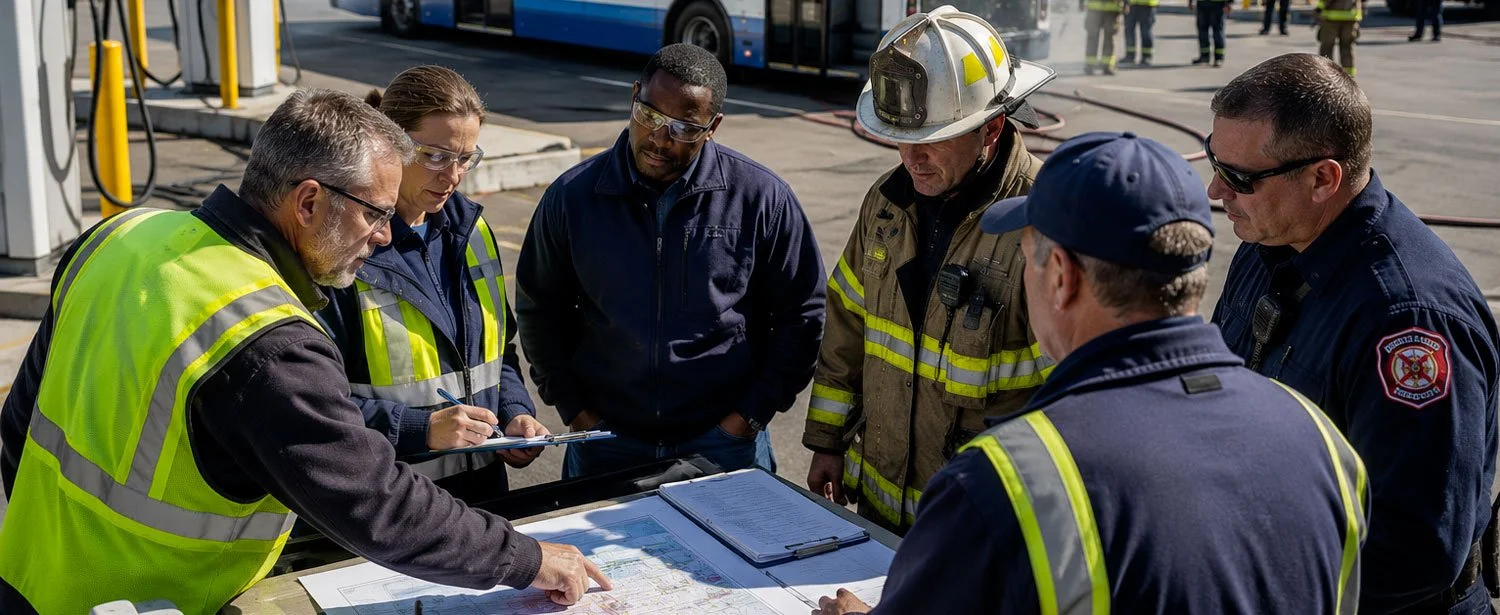 Transit maintenance leaders and firefighters review an emergency response plan beside an electric bus and charging equipment.