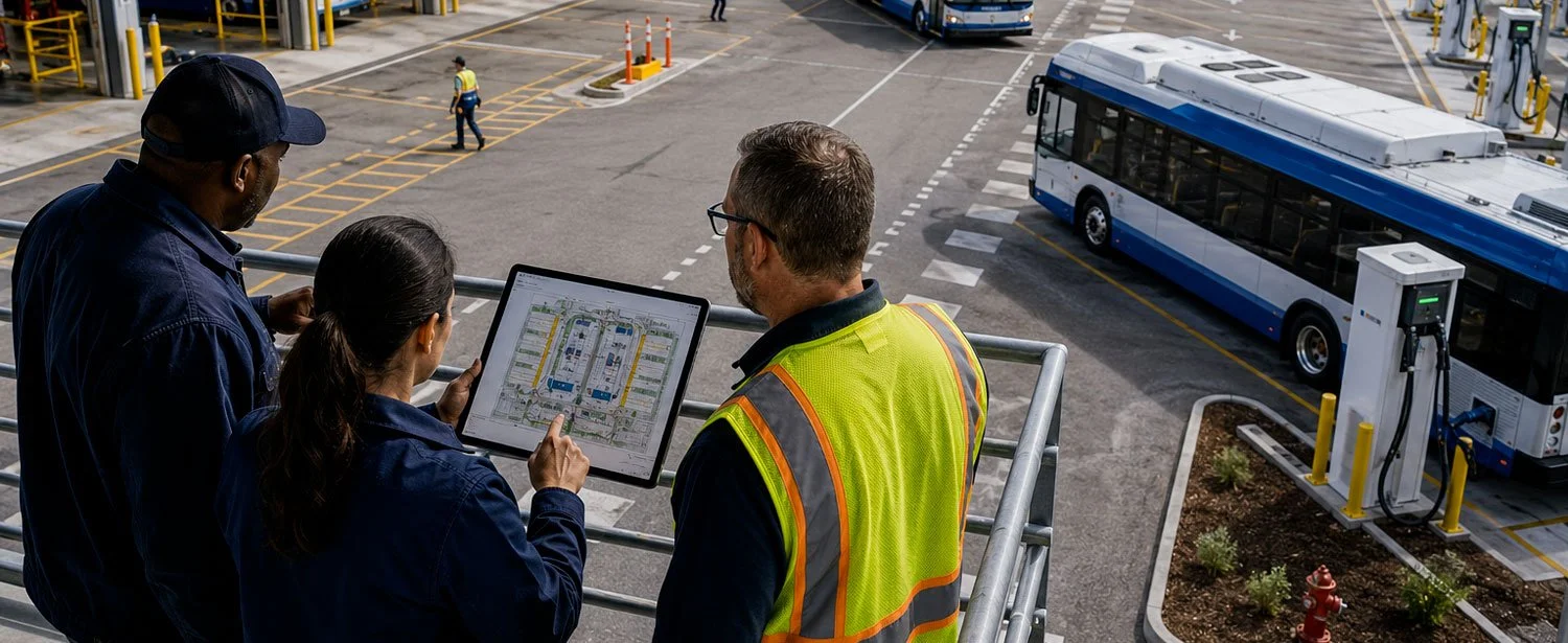 Transit facilities leaders review an electric bus depot layout with charging stations, maintenance bays, and fleet operations visible below.