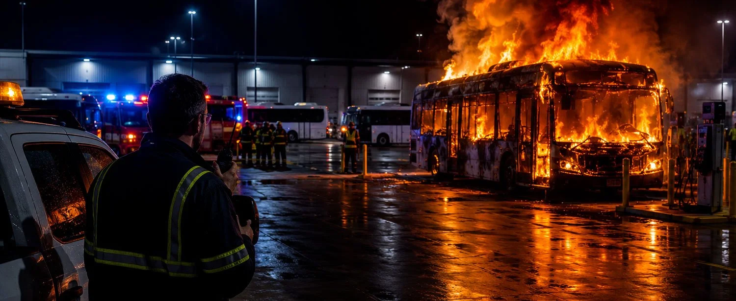 Transit operations manager monitors an electric bus engulfed in flames as emergency crews respond at a bus depot at night.