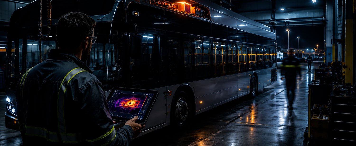 Transit technician reviews thermal imaging data showing abnormal heat near the roof-mounted battery system of an electric bus.