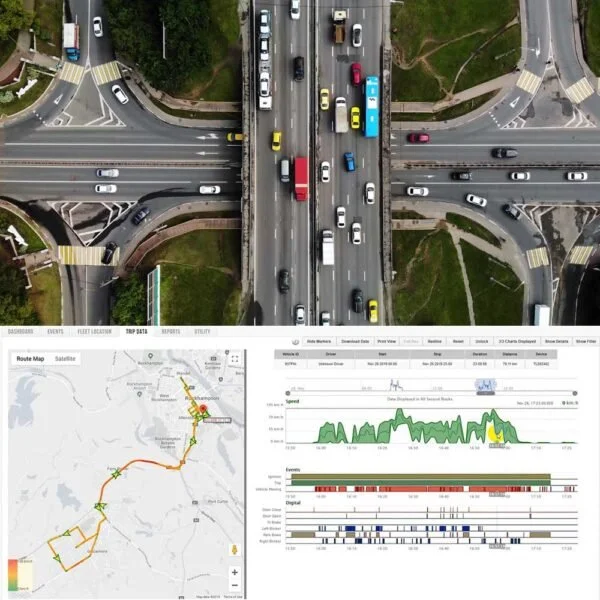 Intelligo transit fleet dashboard showing vehicle locations, activity, alerts, and performance data.
