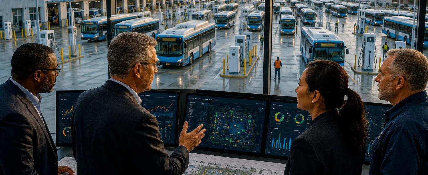 Transit executives and operations leaders review fleet data and depot plans while overlooking a large electric bus charging facility.
