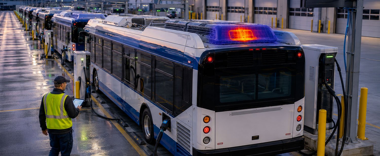 Transit technician monitors electric buses charging at a depot as thermal imaging identifies abnormal heat on one vehicle.