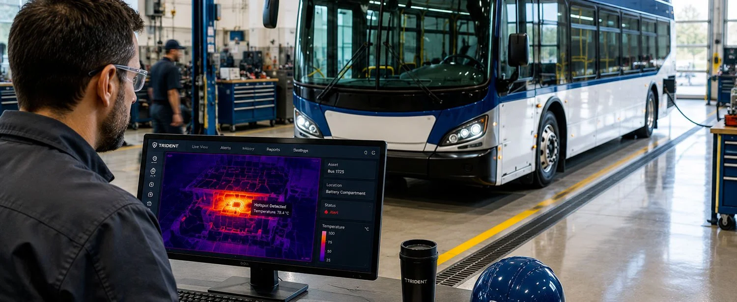 **Filename:** `troman-electric-bus-thermal-monitoring-maintenance-bay.jpg`  **Alt text:** Transit technician monitors a thermal hotspot in an electric bus battery system inside a bright maintenance facility.