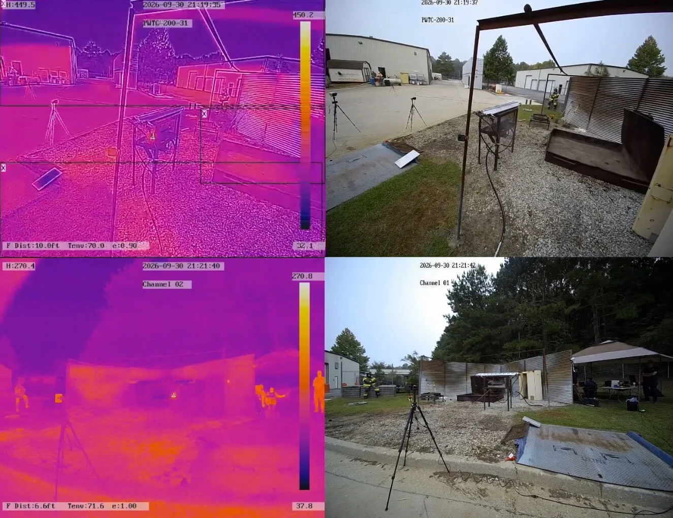 Thermal and visible-light cameras capture battery-electric bus fire suppression testing for Troman Trident and Hazard Control Technologies.