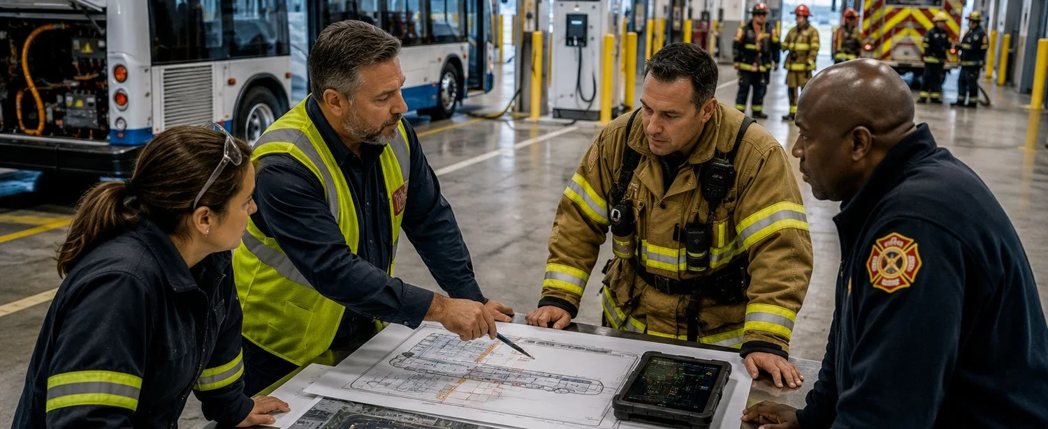 Transit leaders and firefighters review electric bus schematics and depot response plans inside a maintenance facility.