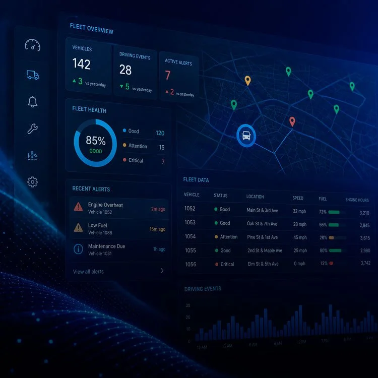 Abstract fleet data dashboard showing vehicle status, alerts, route mapping, fleet health, and performance analytics.