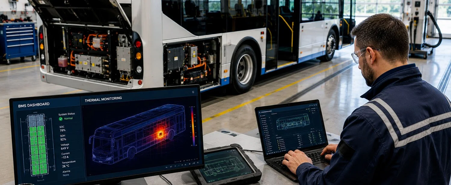 Transit technician compares battery management data with thermal monitoring that reveals an abnormal hotspot on an electric bus.