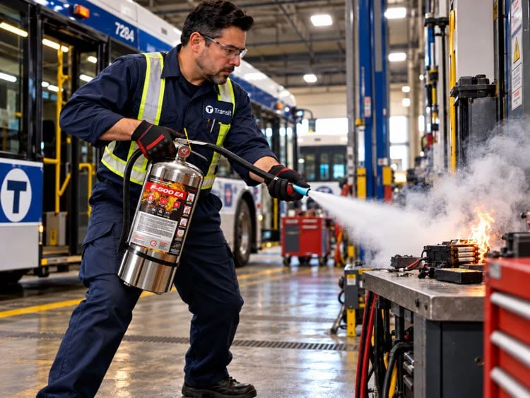 Transit maintenance technician using an HCT F-500 EA portable fire extinguisher to suppress a lithium-ion battery fire on a workbench in a bus maintenance facility. AI-generated illustration.