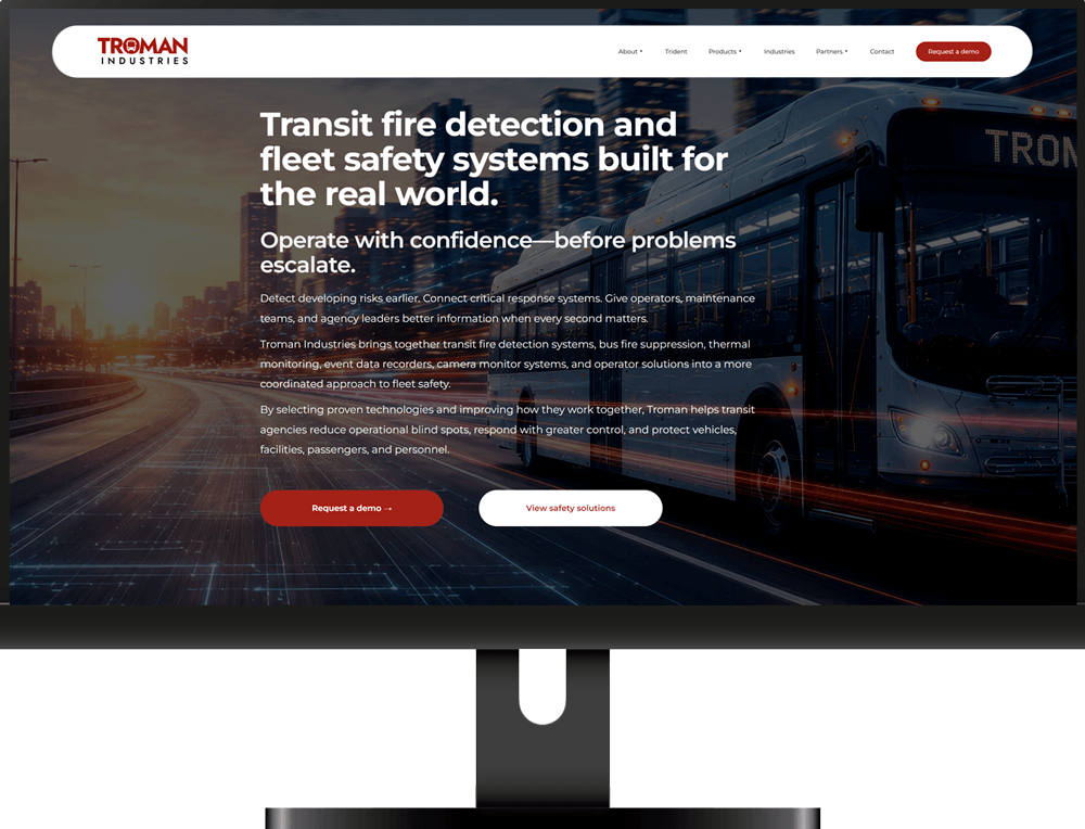 Troman Industries new website featuring transit fire detection, fleet safety systems, and fire mitigation solutions for public transit buses.
