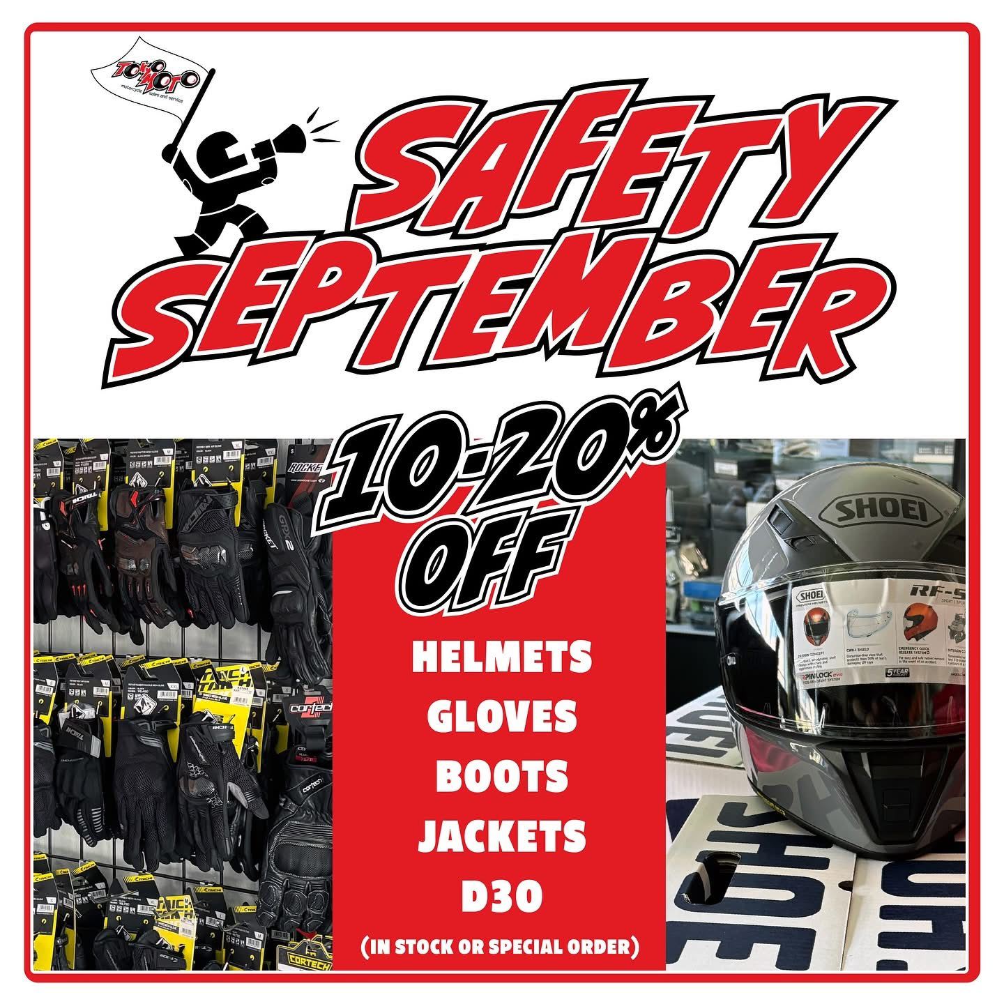 Promotional poster for motorcycle safety gear sale, offering 10 to 20 percent off on helmets, gloves, boots, jackets, and D30 armor, with images of gloves, helmets, and motorcycle accessories.