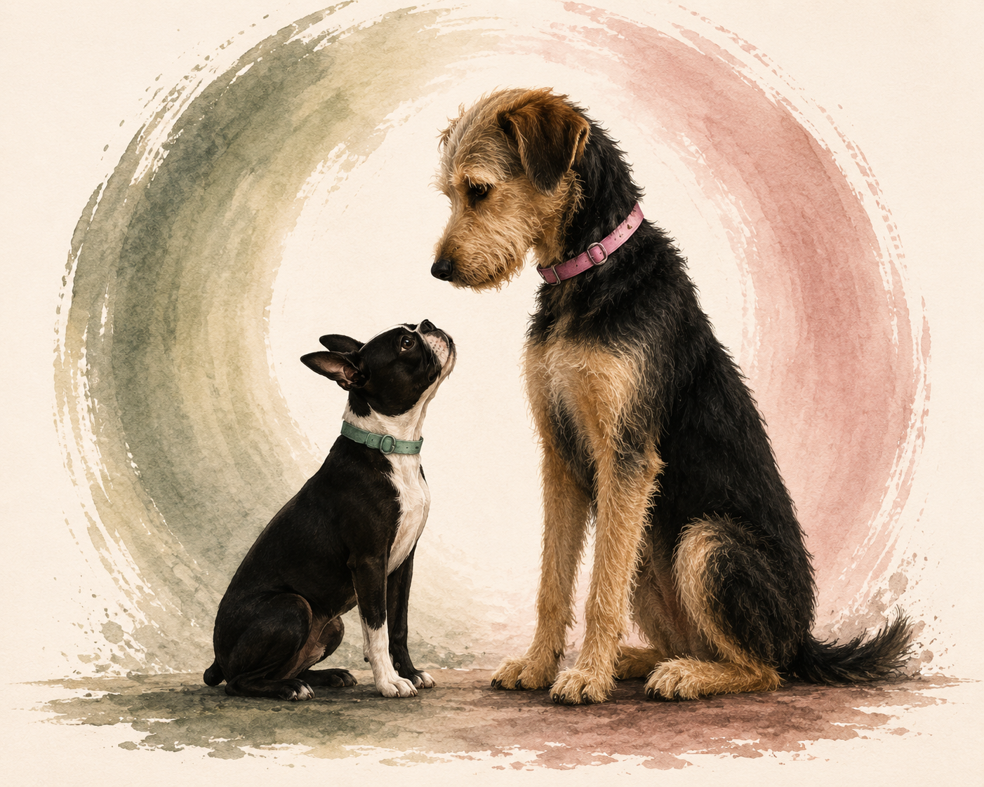 Love and Boop looking at one another inside a soft watercolor circle.