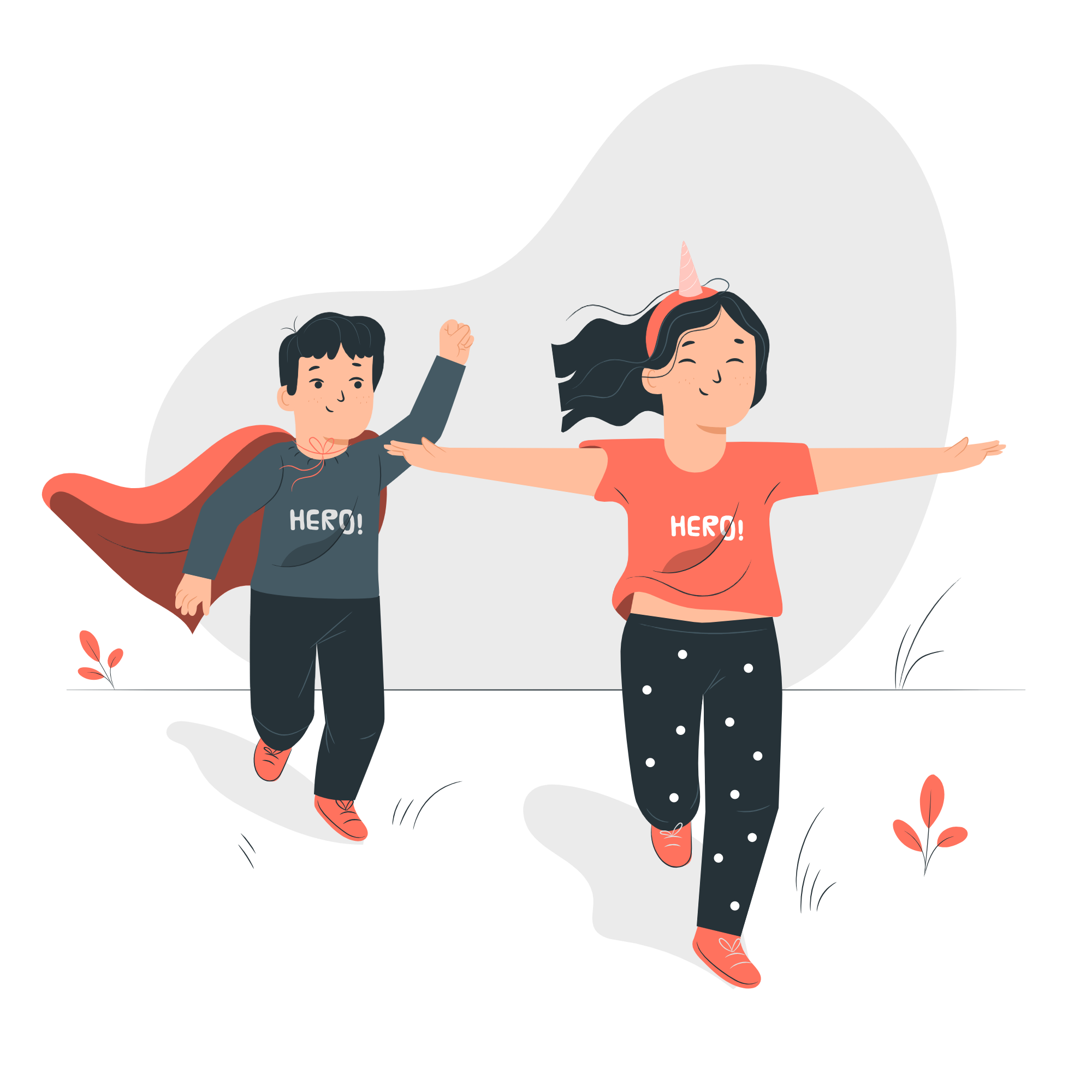 Illustration of two children dressed as superheroes, with the word 'HERO!' on their shirts, sharing a moment of friendship and teamwork.