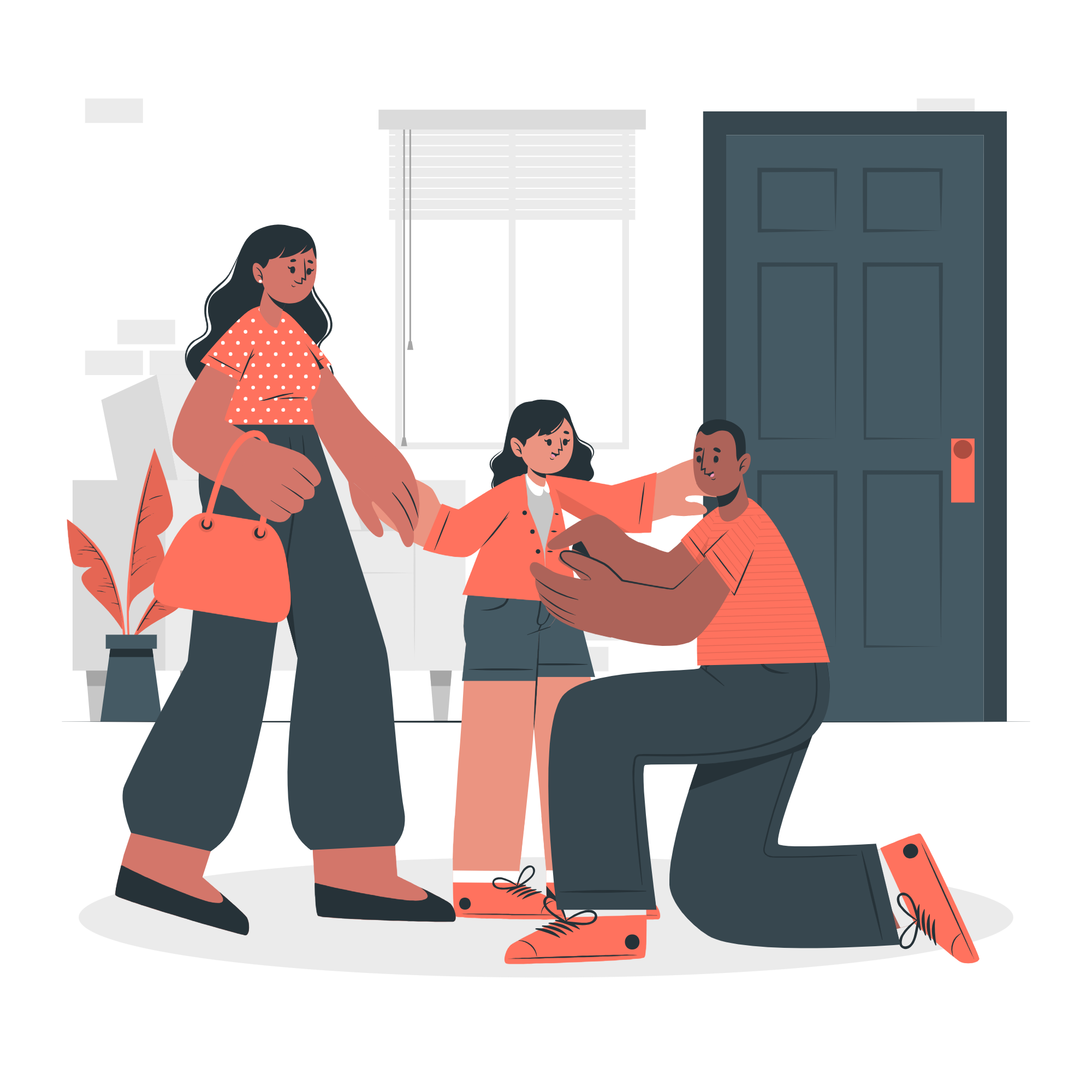 Illustration of a group of diverse people gathered outside a house, some wearing casual clothes, engaging in conversation and sharing a friendly moment.