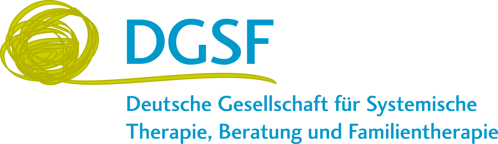 Logo of Deutsche Gesellschaft für Systemische Therapie, Beratung und Familientherapie (DGSF) with intertwined graphics and text in blue and green.