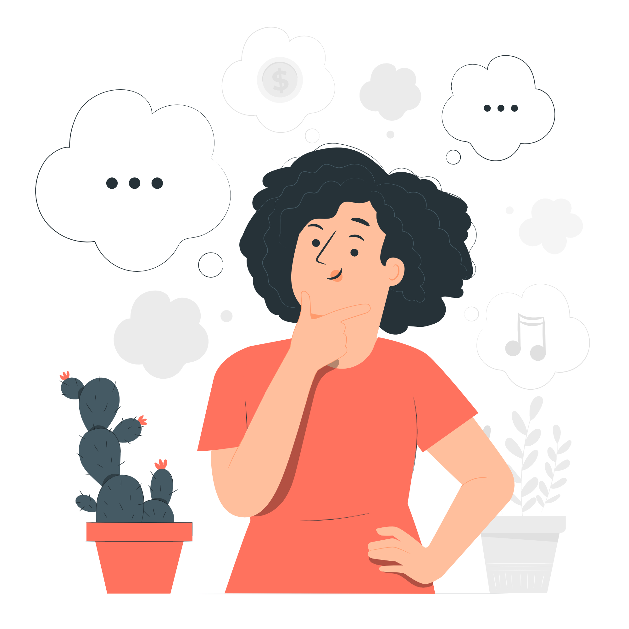 A woman with curly hair pondering with thought bubbles around her, containing icons of a dollar sign, ellipsis, and musical notes.