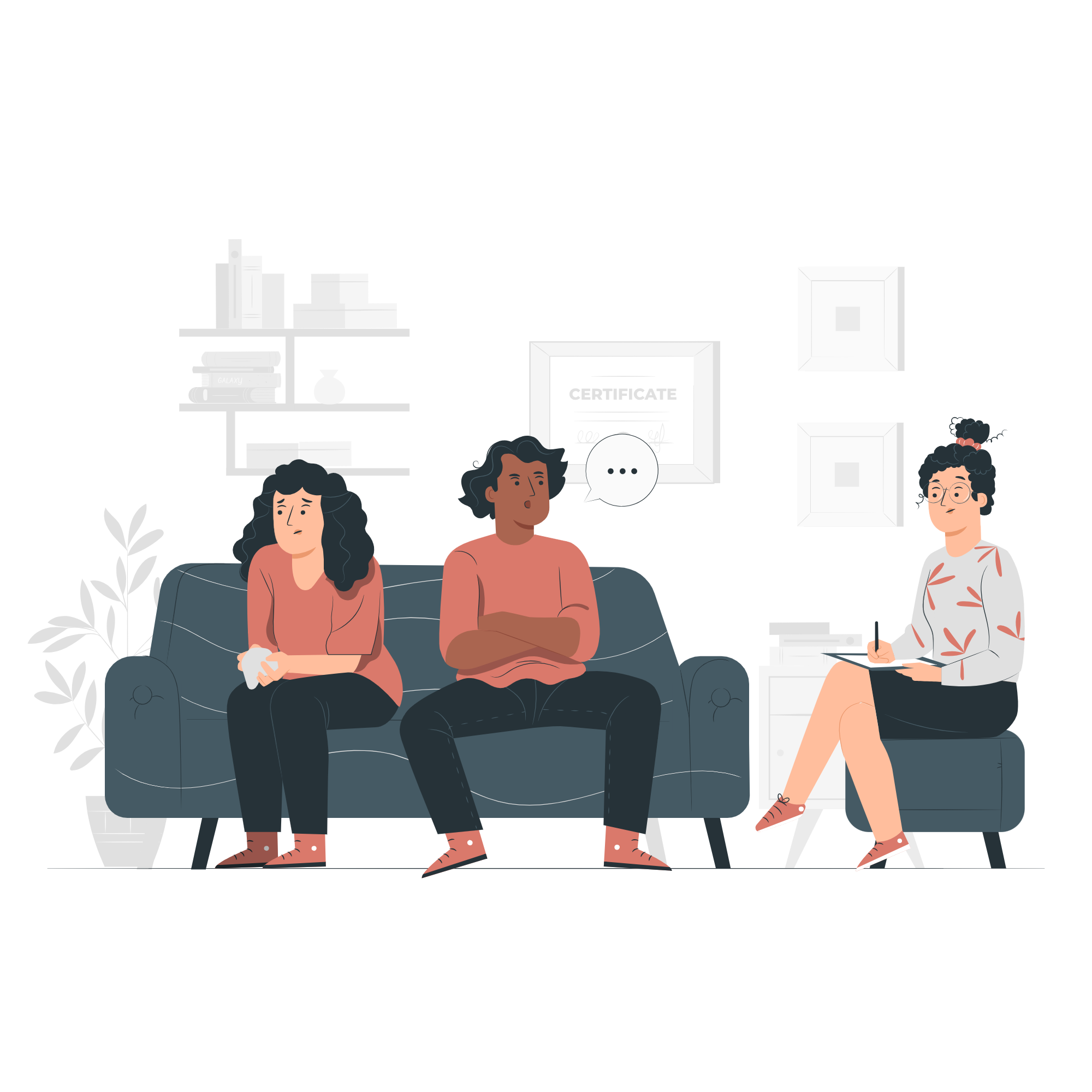 Illustration of three diverse women sitting in a living room, one holding a coffee cup, and a woman on the right taking notes. Behind them is a bookshelf and a framed certificate on the wall.