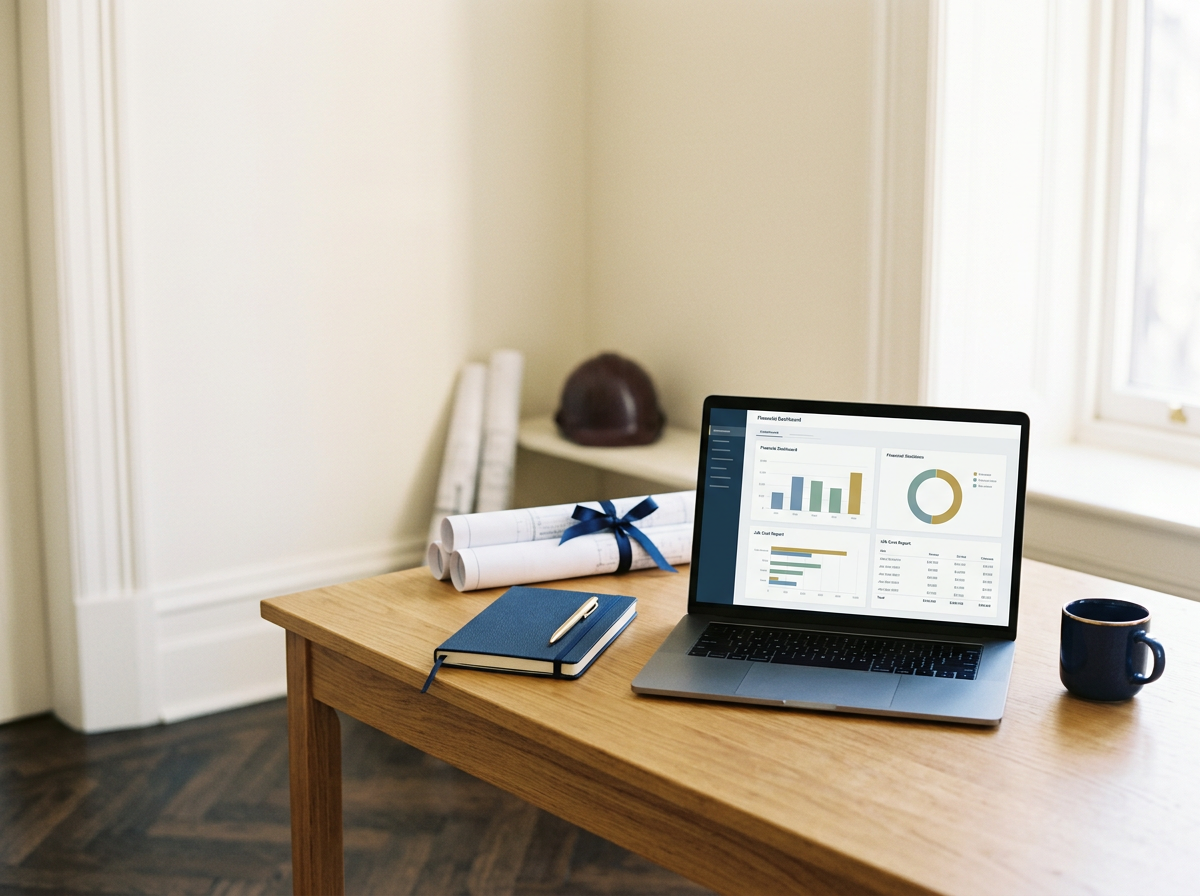 Wooden desk with a laptop displaying financial charts and graphs, a closed blue notebook with a pen on top, a dark blue mug, rolled-up blueprints tied with a ribbon, a helmet, and rolled-up papers, in a sunlit room.