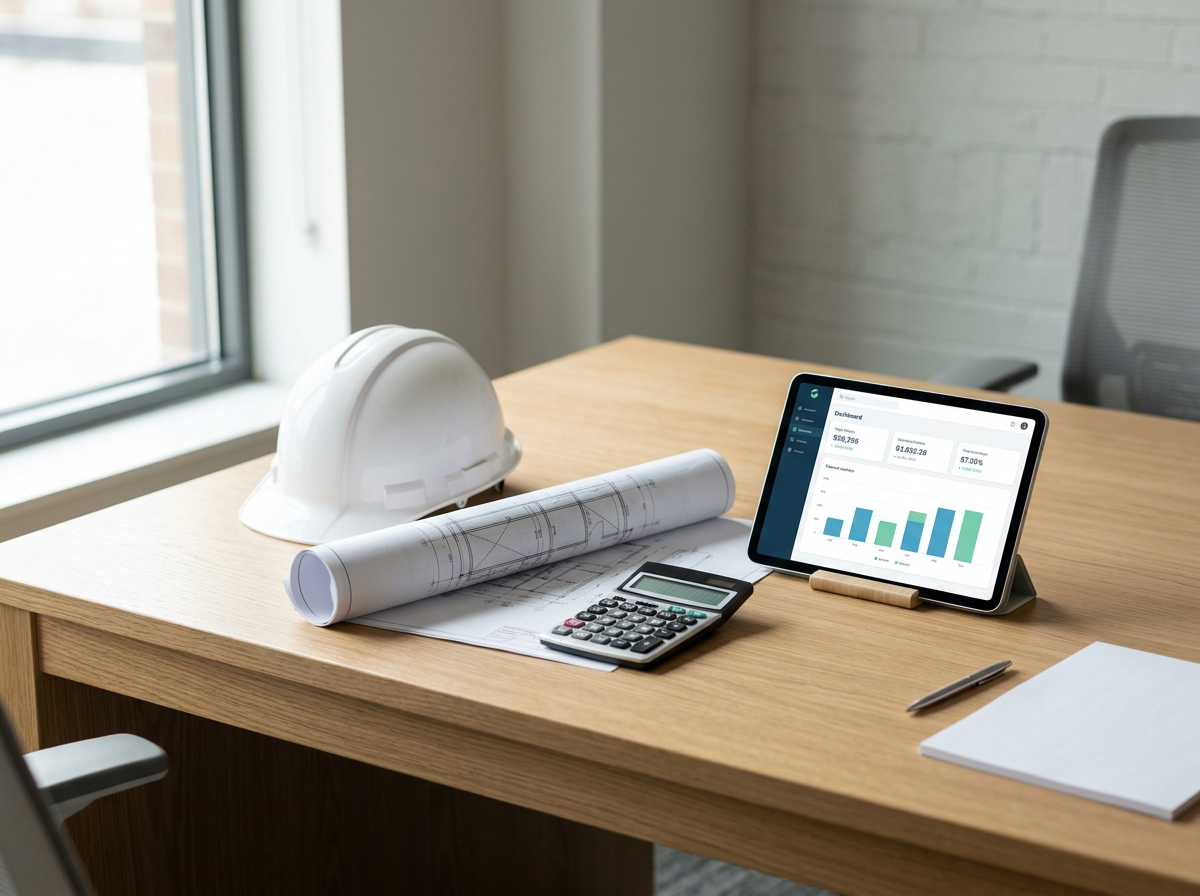 Office desk with a white safety helmet, rolled-up blueprint, calculator, digital tablet displaying business graphs, pen, and notepad.