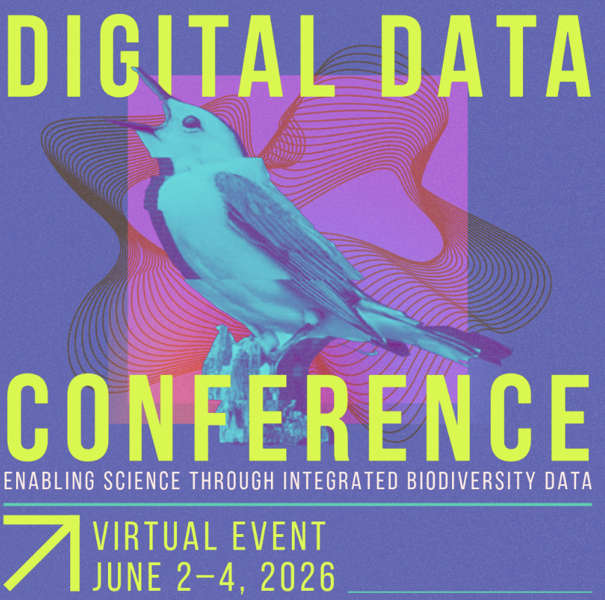 Promotional graphic for the Digital Data Conference, featuring a blue bird and colorful abstract background, with details about the event dates and theme.