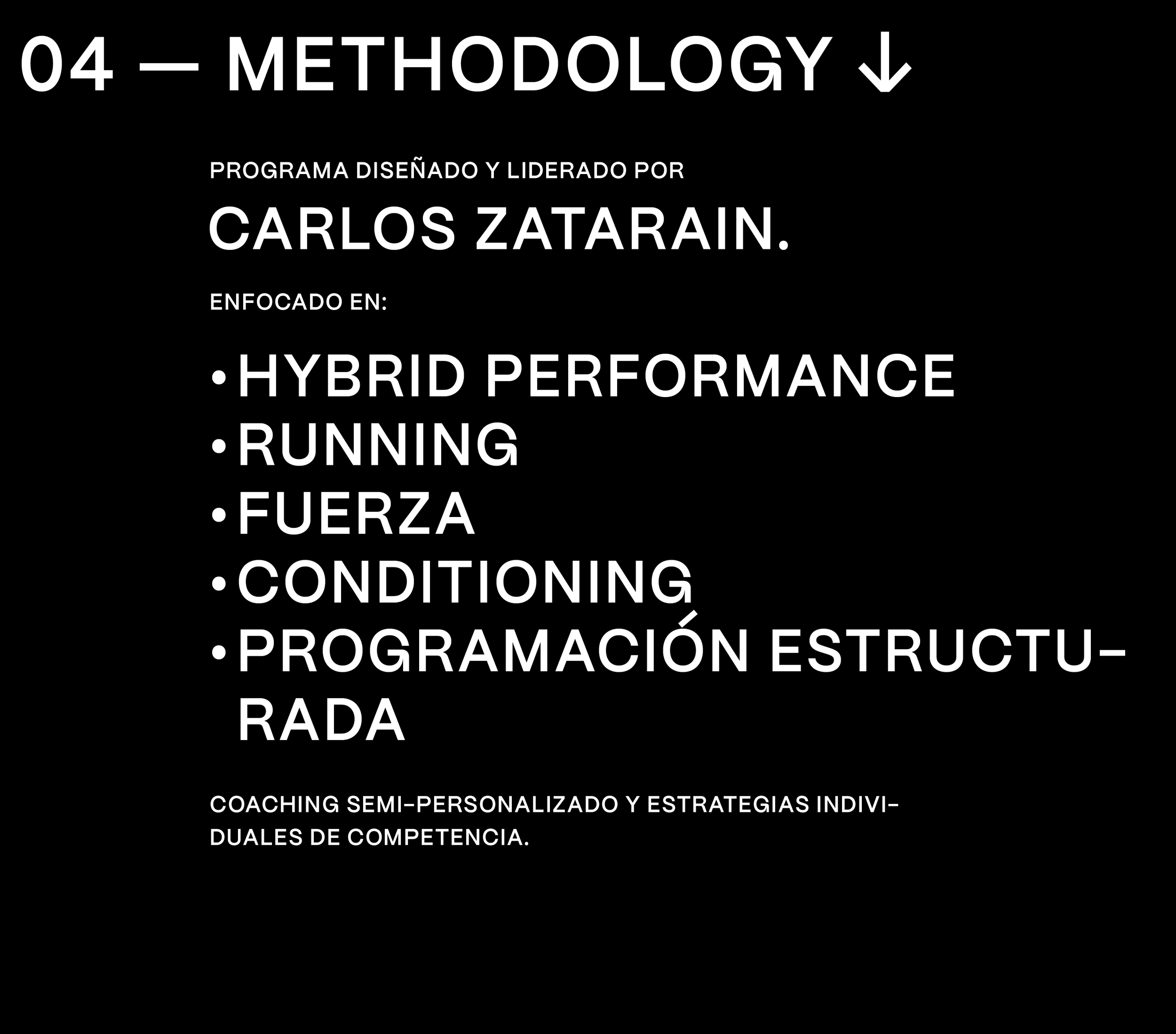 Black background with white text in Spanish detailing methodology, focus on hybrid and personalized coaching strategies, and competence-based programming.