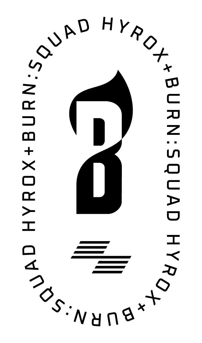 Logo featuring a stylized black flame and the words 'BURN: SQUAD HYROX + BURN: SQUAD HYROX' arranged in a circular pattern around the flame, with some lines below the flame.