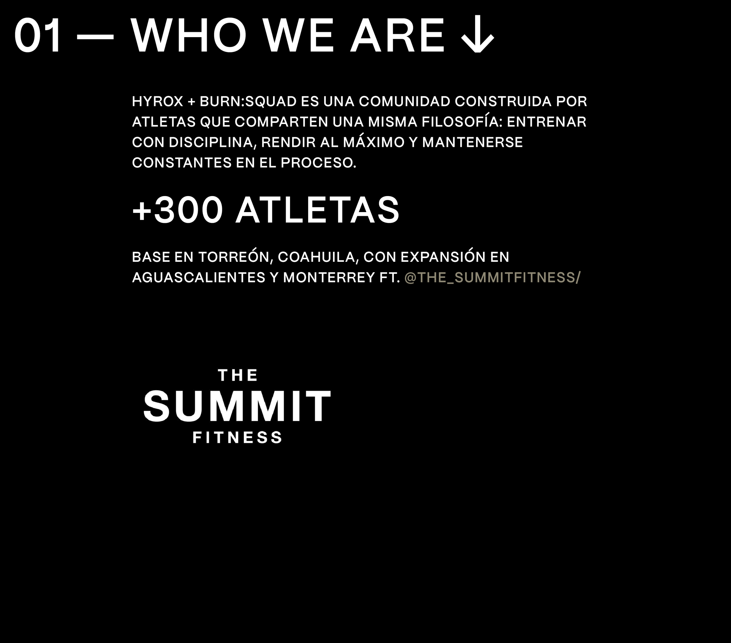 Black background with white text promoting a fitness community called Hyrox and Burn Squad, emphasizing discipline, maximum effort, and continuous improvement, mentioning over 300 athletes and locations in Torreón, Coahuila, Aguascalientes, and Monterrey, with a social media handle @the_summitfitness.