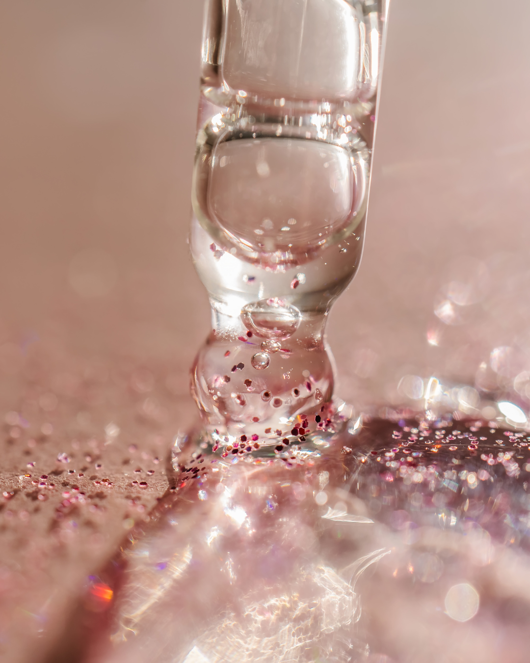 Close-up of a glass dropper with clear liquid, resting on a sparkly, pink surface with tiny glitter particles.