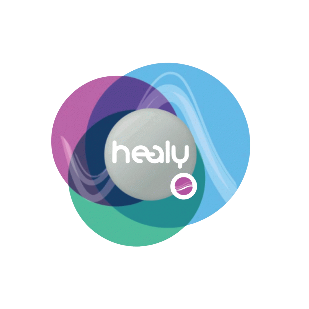 Healy logo with overlapping circles in purple, green, and blue, and the word 'healy' in white lowercase letters in the center.
