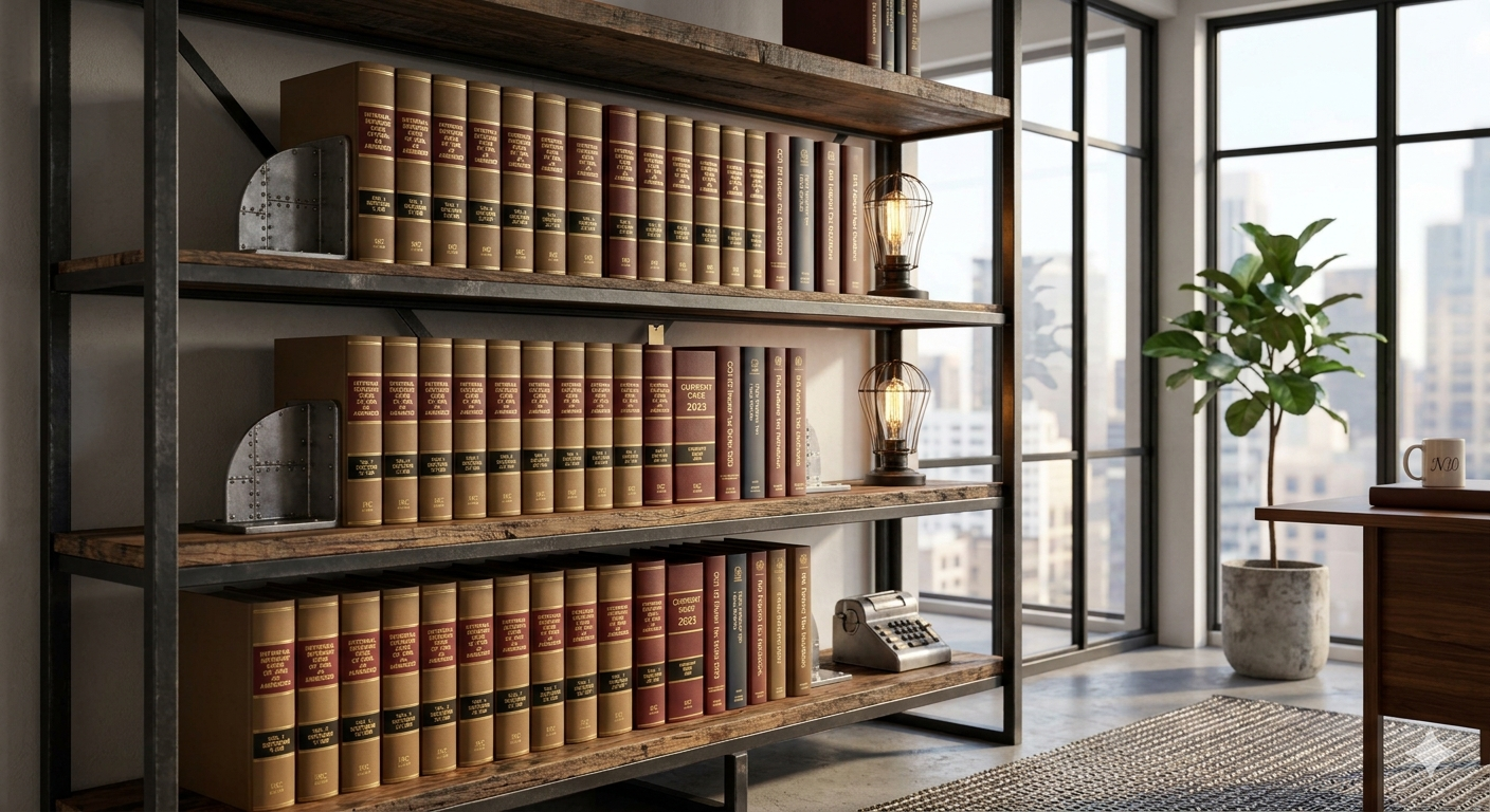A bookshelf filled with legal books, metal bookends, vintage desk lamps, and an office in a high-rise building with large windows and city views.