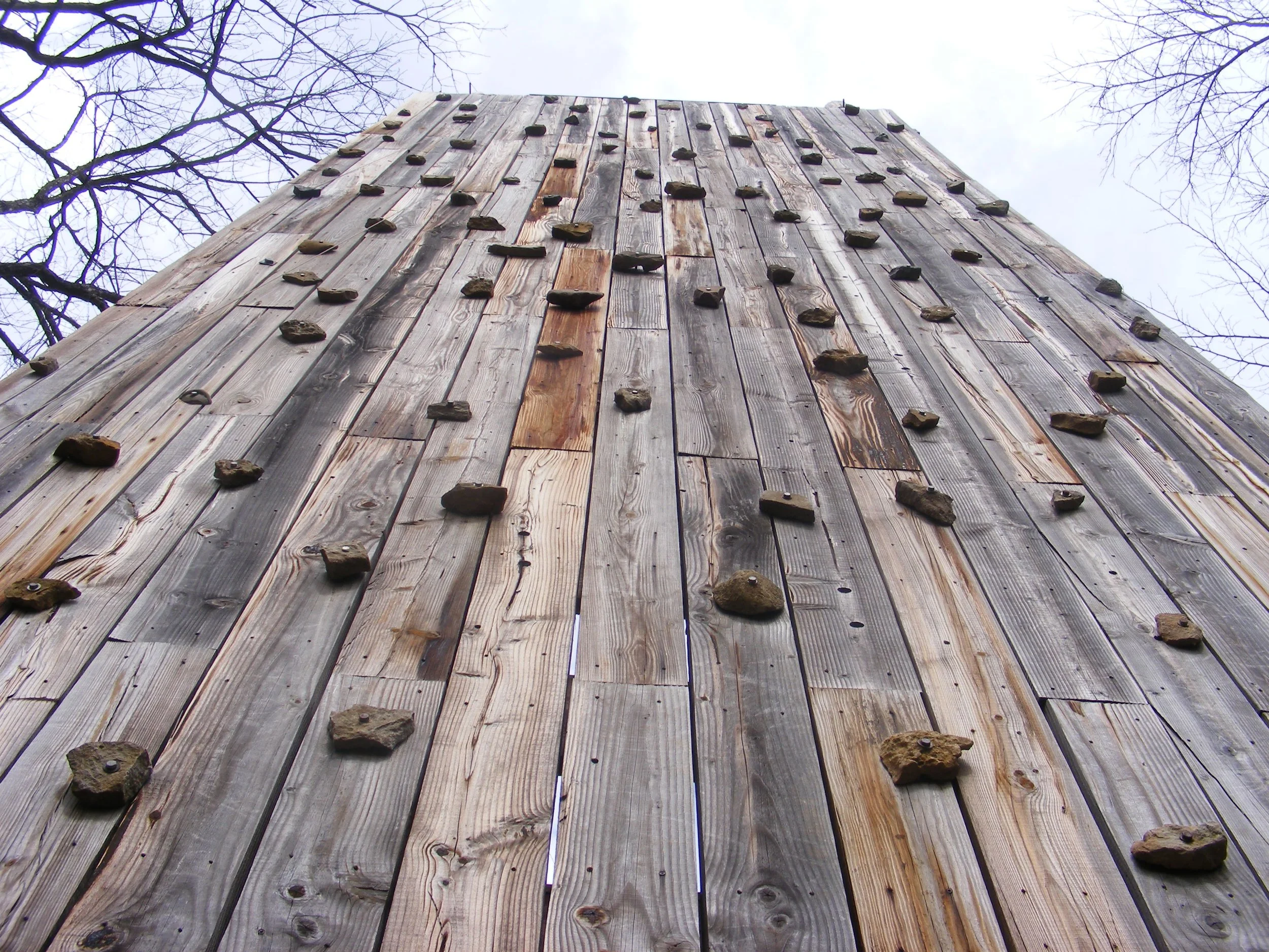 A tall wooden climbing wall with multiple handholds, seen from the bottom looking up towards the cloudy sky and leafless trees.