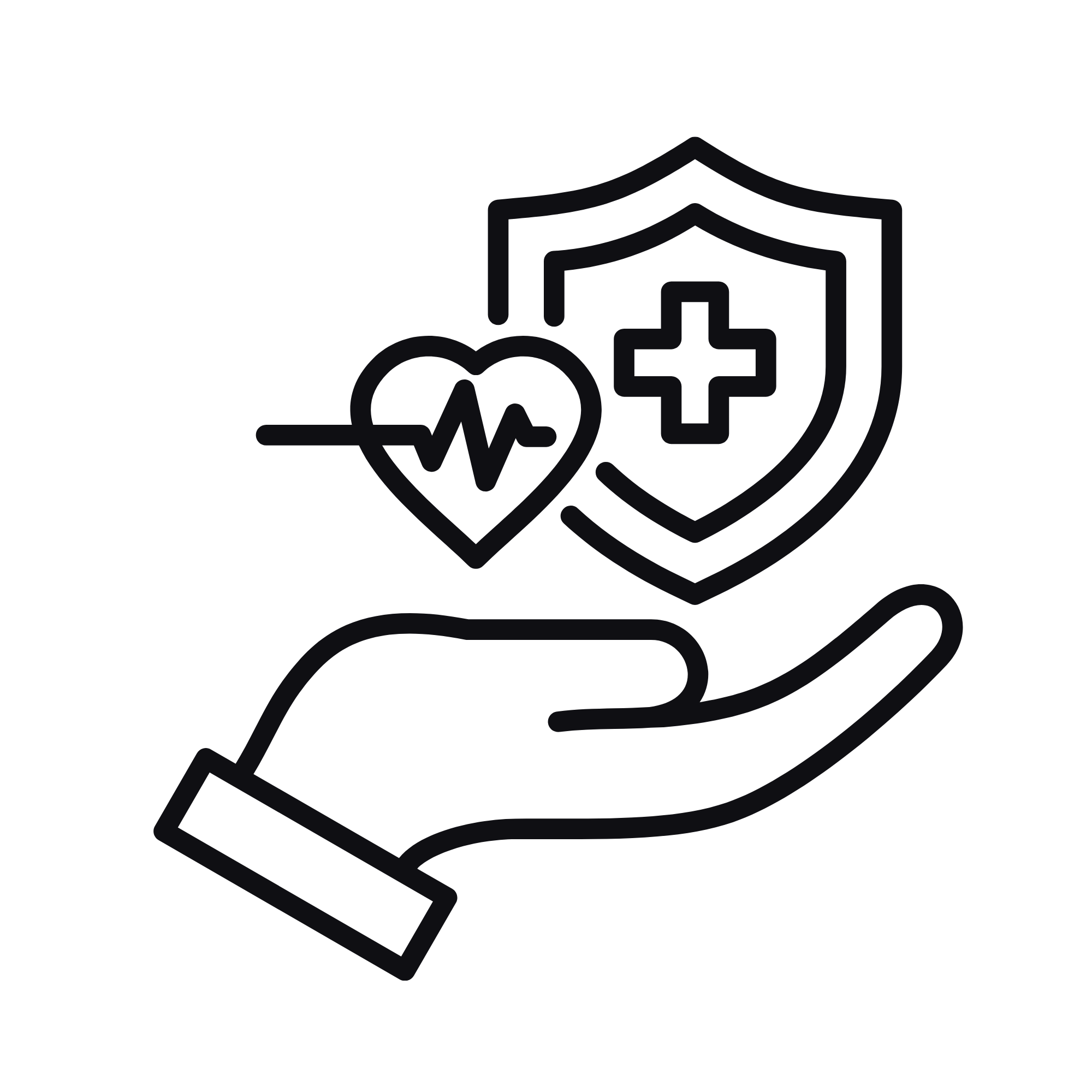 Illustration of a hospital shield with a medical cross, a heart with a pulse line, a syringe, and a pill, signifying healthcare and medical protection.