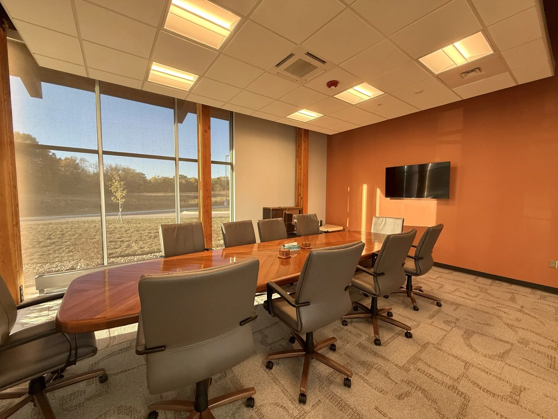 A conference room with a large wooden table surrounded by gray office chairs on casters. Large windows with a view of trees and a field. A wall-mounted flat-screen TV. The ceiling has recessed lighting panels. The room has a patterned carpet and wood
