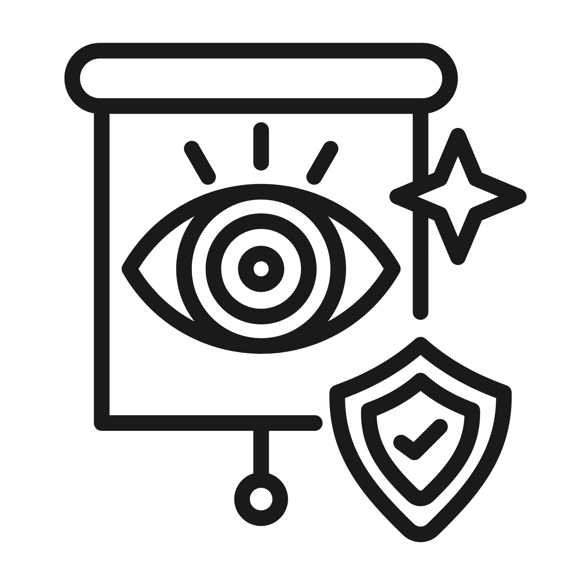 Outline of a presentation board with a target symbol, a star, and a lightbulb, representing planning, achievement, and ideas.