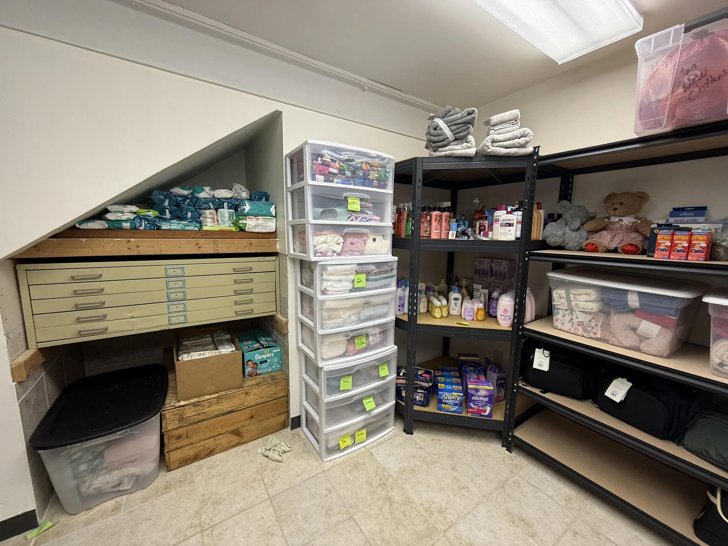 A storage room with shelves and plastic drawers containing various household items, including cleaning supplies, toiletries, and toys.