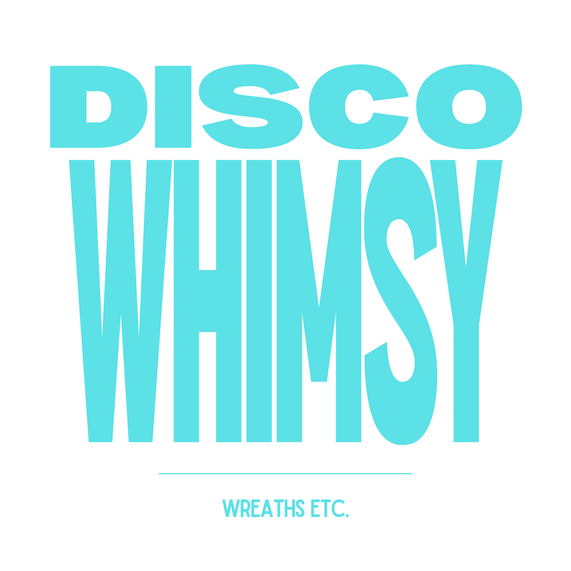 Large blue text that says 'DISCO WHIMSY' with smaller text beneath that says 'WREATHS ETC.'