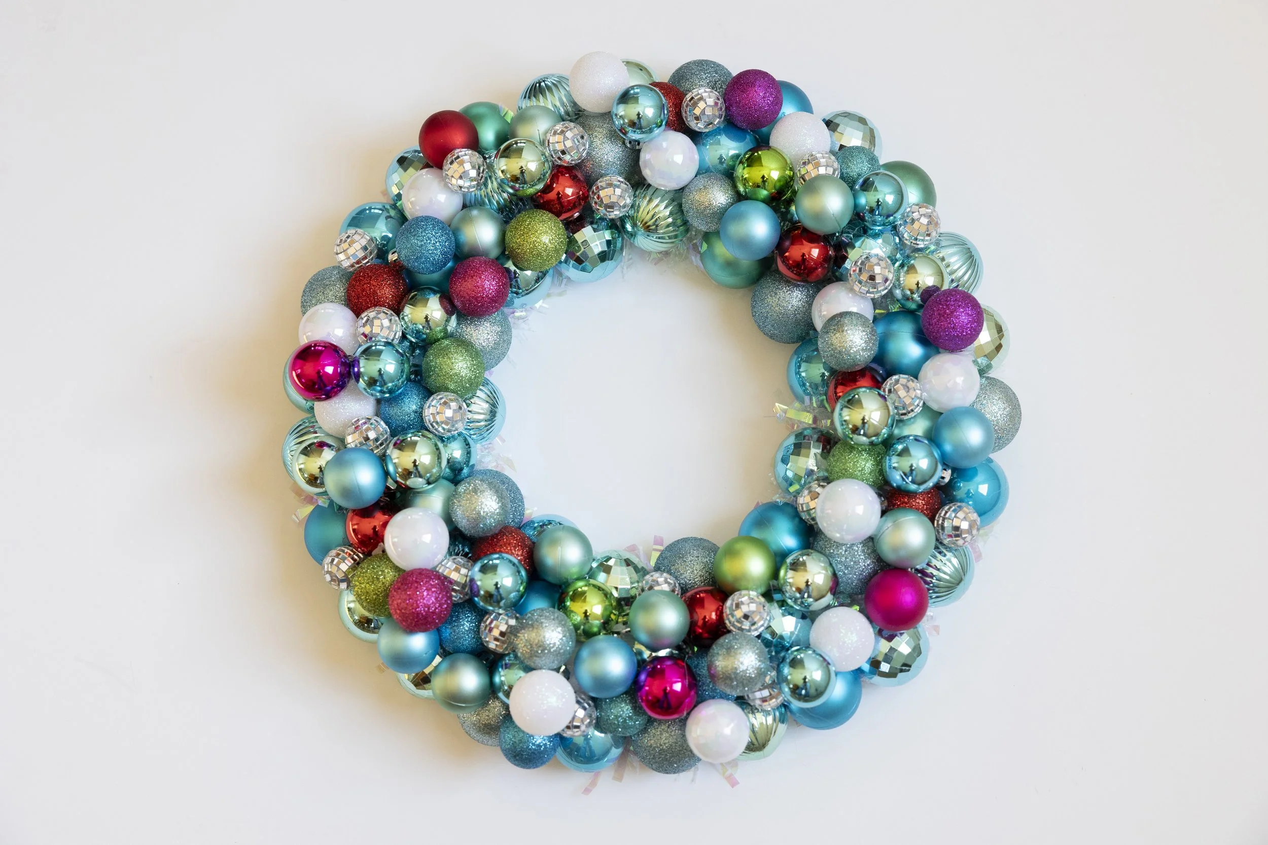Colorful disco ball ornament wreath