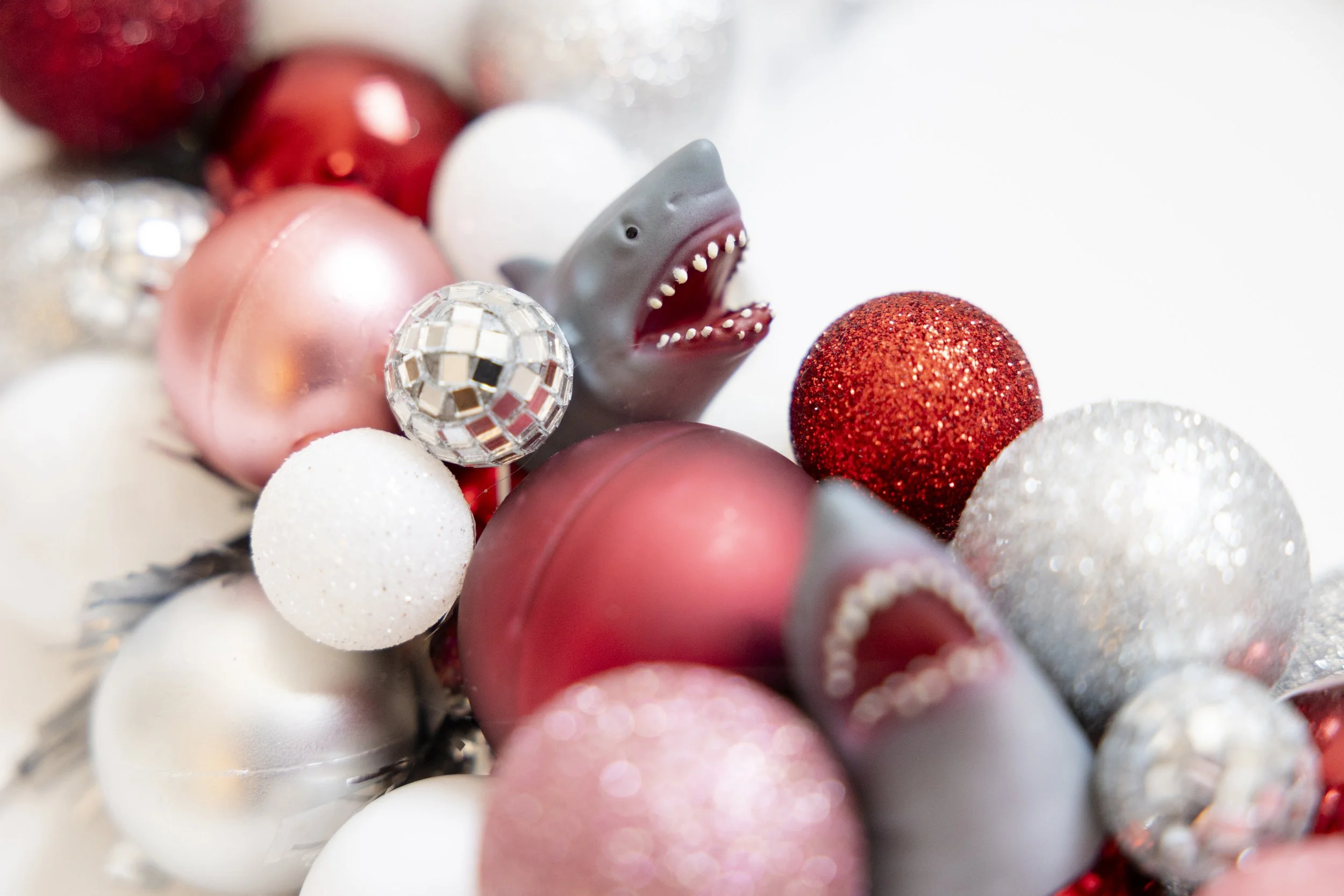 Colorful disco ball ornament wreath with sharks