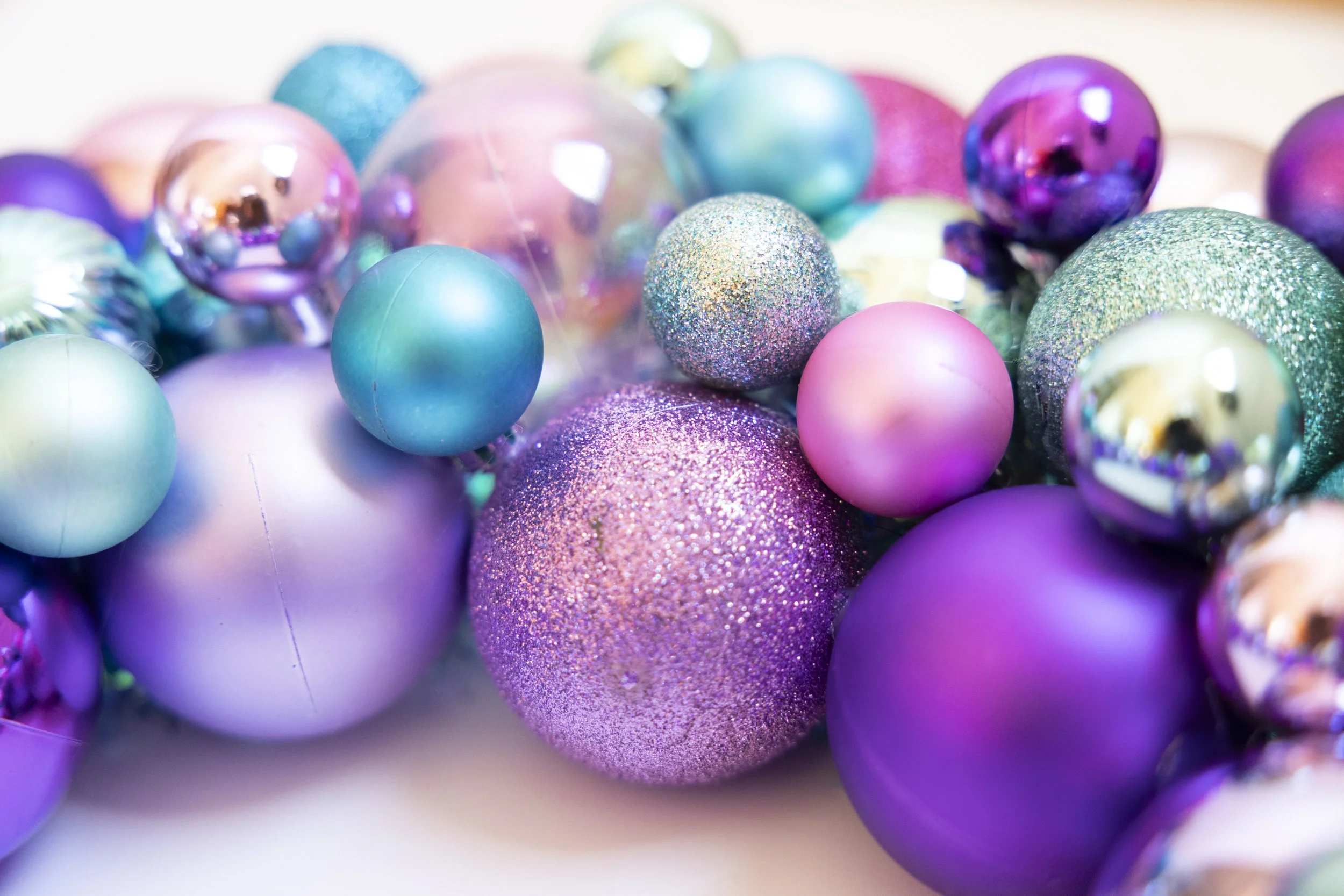 Pink, turquoise and purple ornament wreath