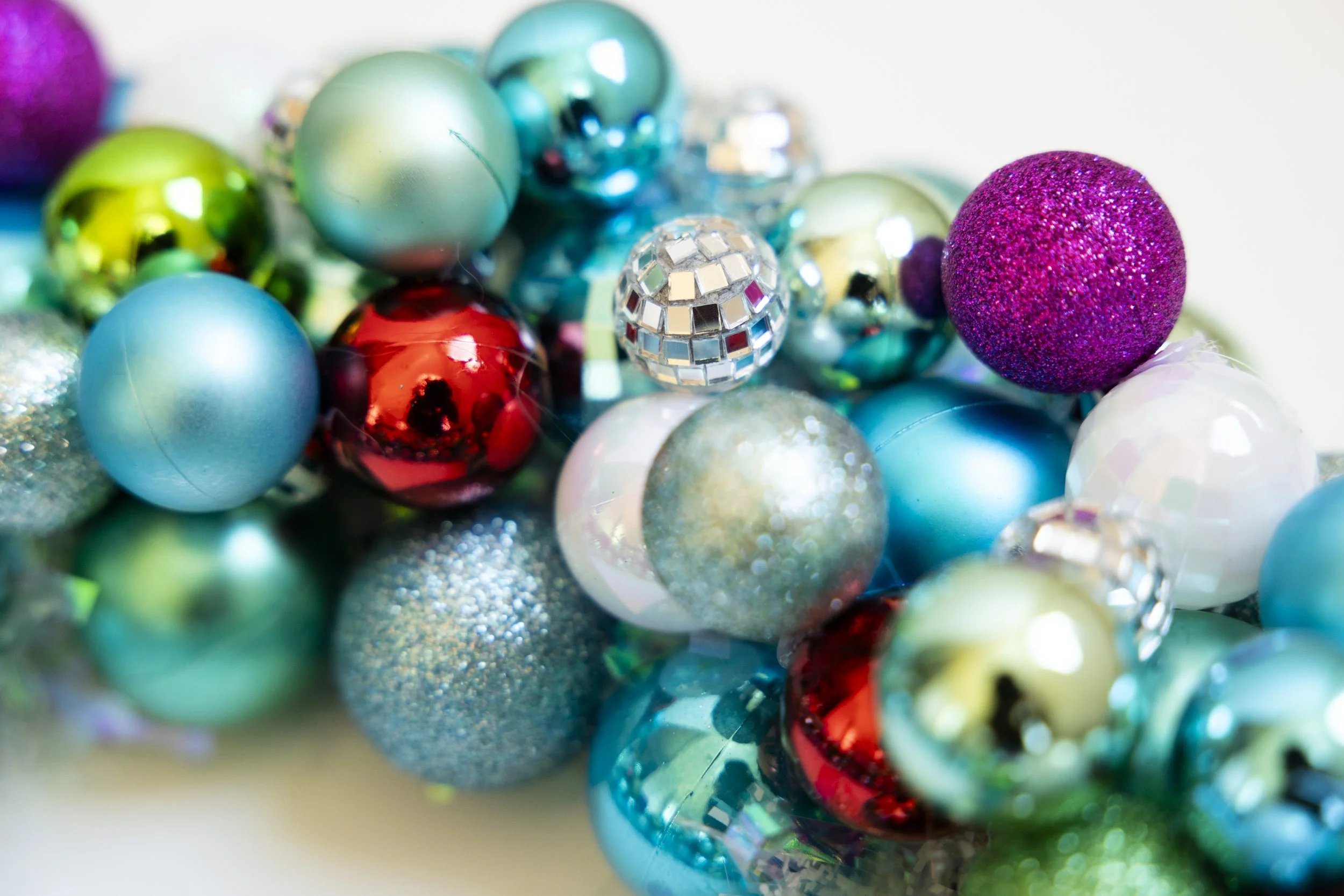 Handmade ornament wreath with disco balls